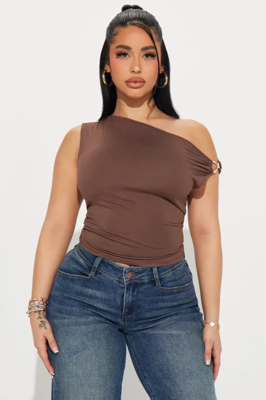 A Sure Thing One Shoulder Top - Chocolate sold by Fashion Nova