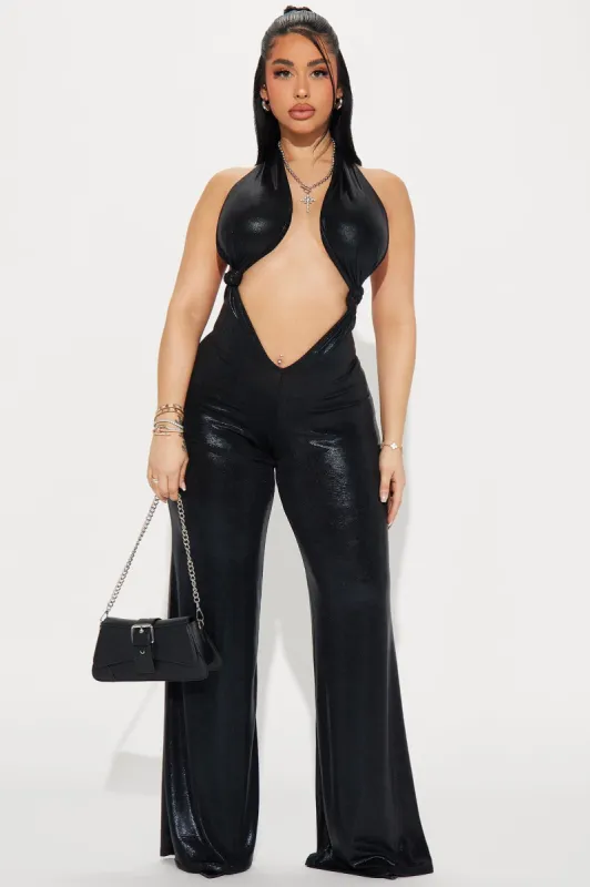 Out Of Range Metallic Jumpsuit - Black sold by Fashion Nova
