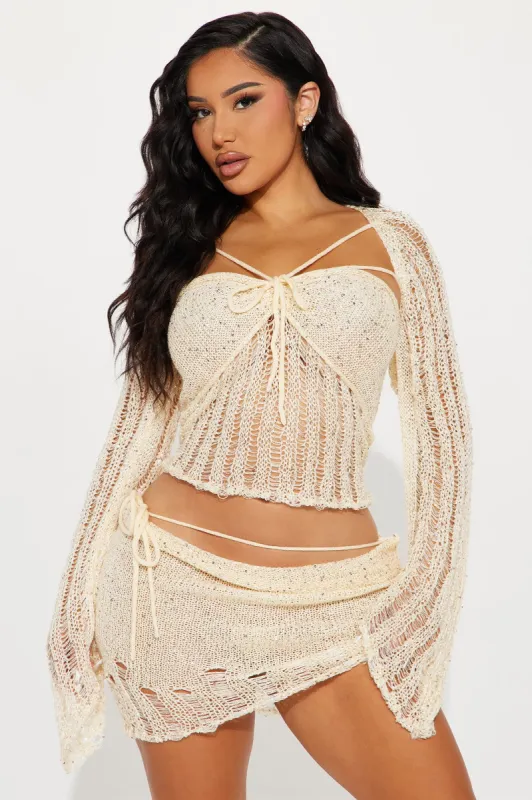 Fae Sequin Crochet Cover Up Skirt Set - Cream sold by Fashion Nova