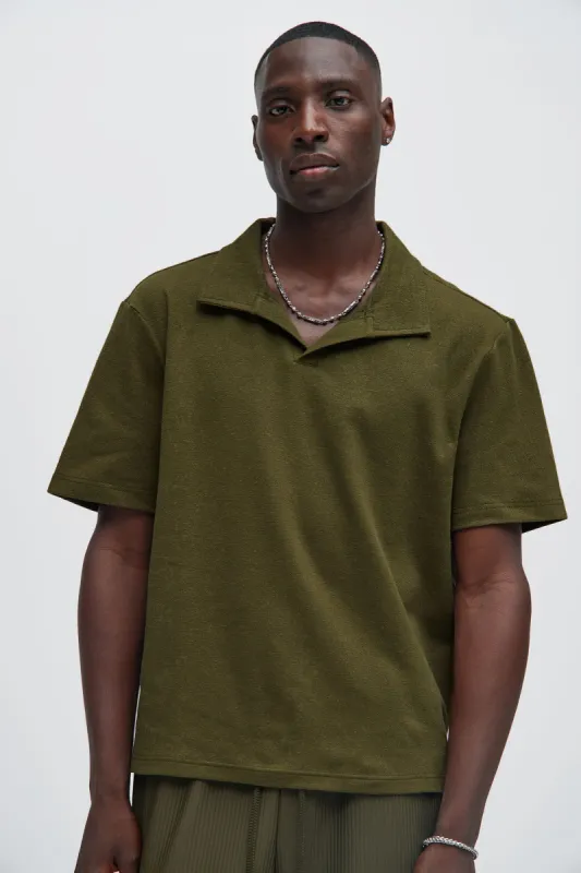 Duval Textured Knit Johnny Collar Shirt - Olive sold by Fashion Nova