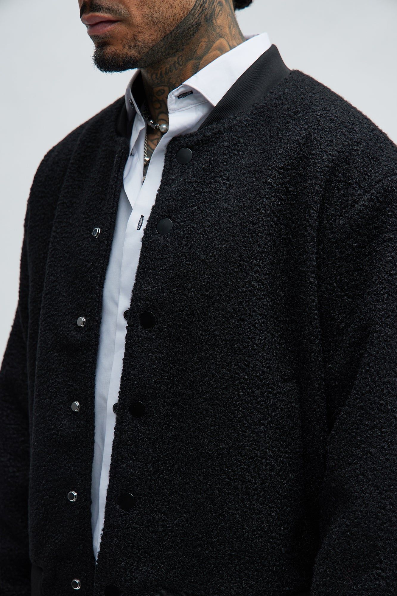 End Up Boucle Varsity Jacket - Black sold by Fashion Nova