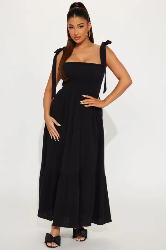 Liv Smocked Midi Dress - Black sold by Fashion Nova