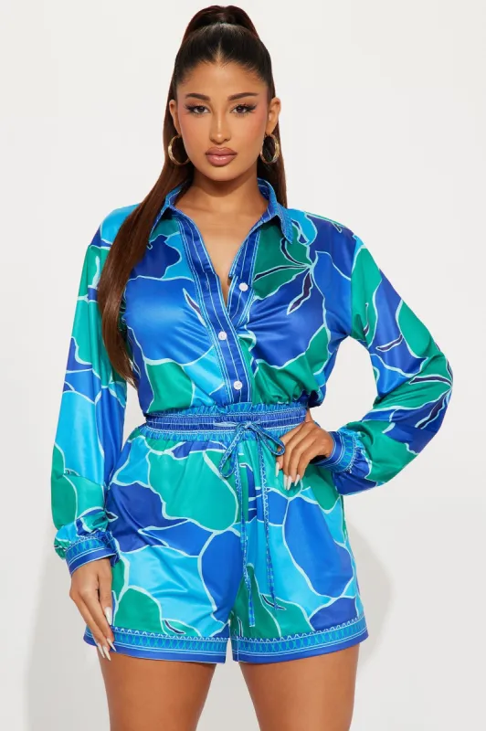 More Than Ever Romper - Blue/combo sold by Fashion Nova