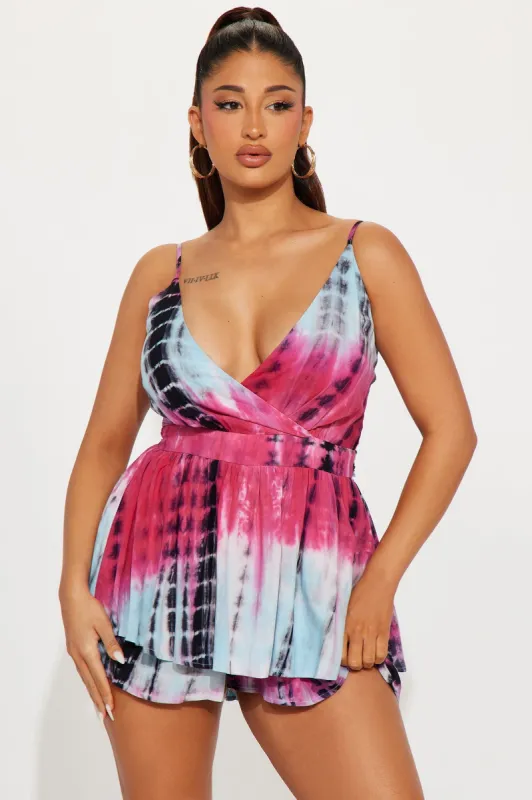 Coastline Tie Dye Romper - Fuchsia/combo sold by Fashion Nova