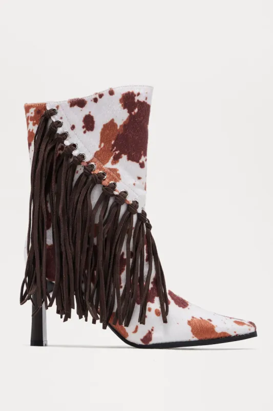 Dolly Fringe Booties - Brown/combo made by Fashion Nova