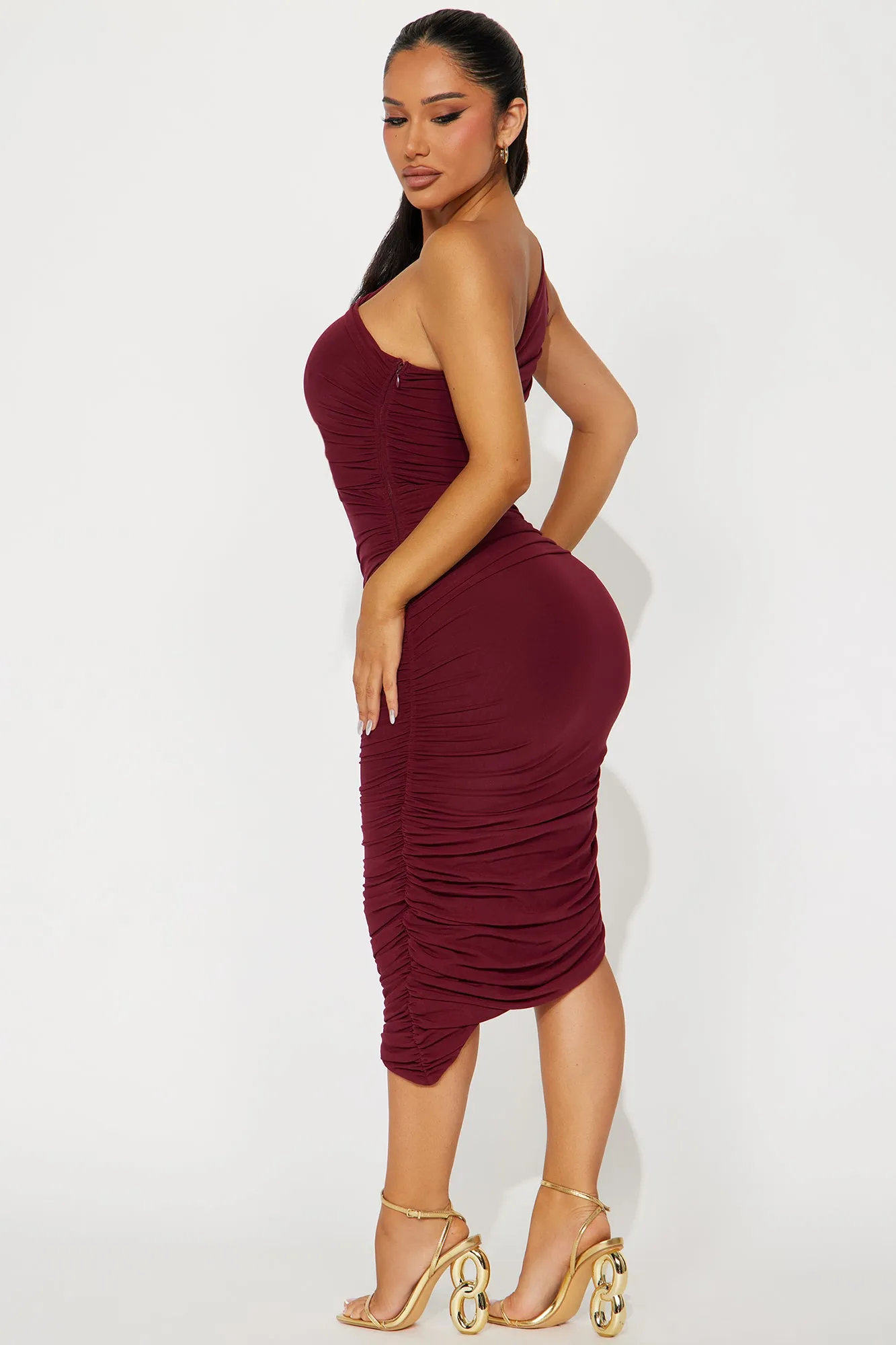Dinner In Venice Ruched Midi Dress - Burgundy sold by Fashion Nova product image thumbnail 3