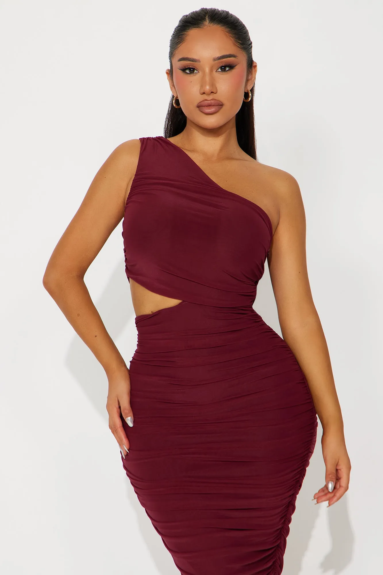 Dinner In Venice Ruched Midi Dress - Burgundy sold by Fashion Nova product image thumbnail 2