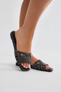 Flourishing Embellished Flat Sandals - Black sold by Fashion Nova