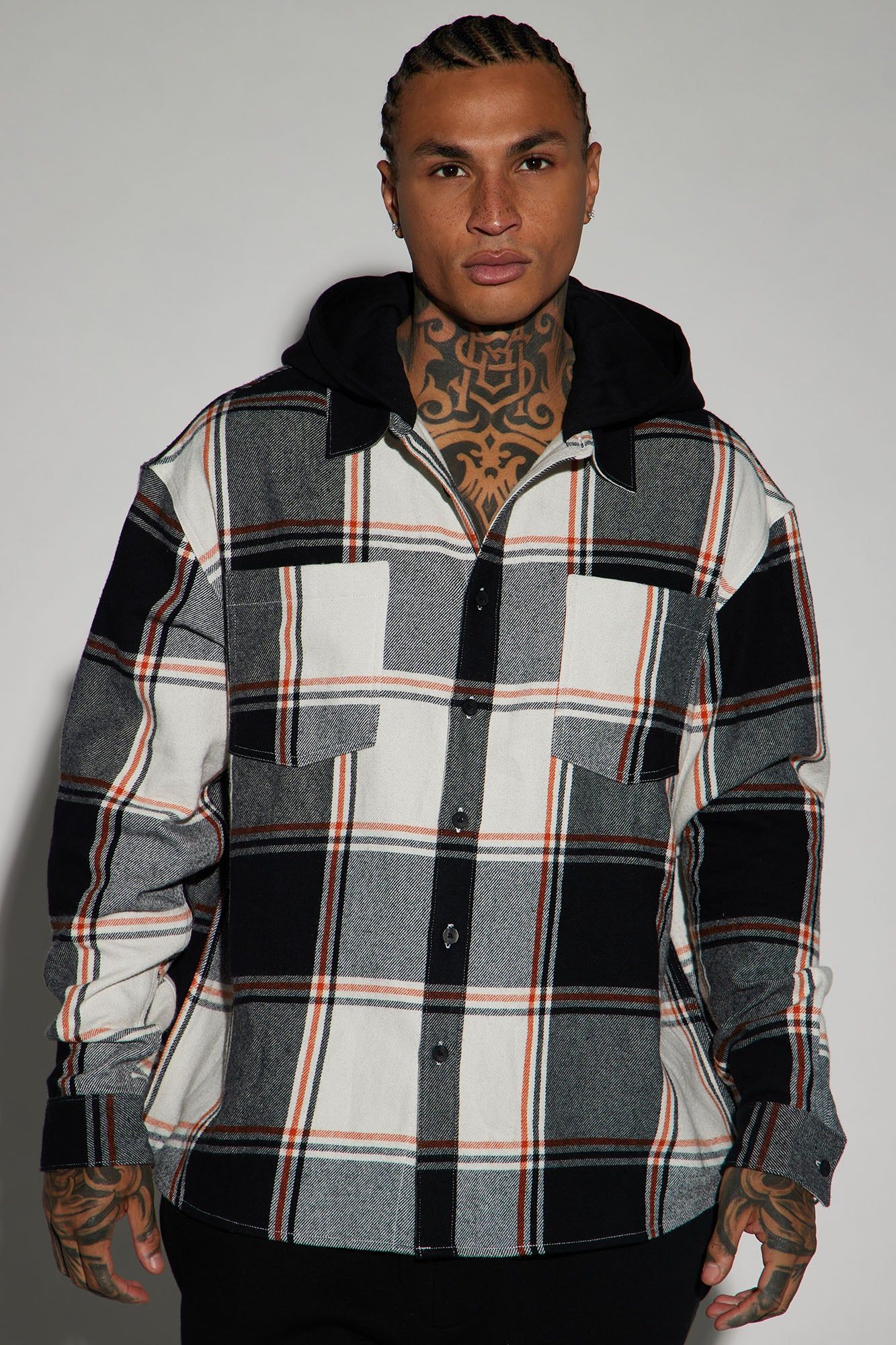 Time Gon Tell Hooded Oversized Shacket - Black/combo sold by Fashion Nova