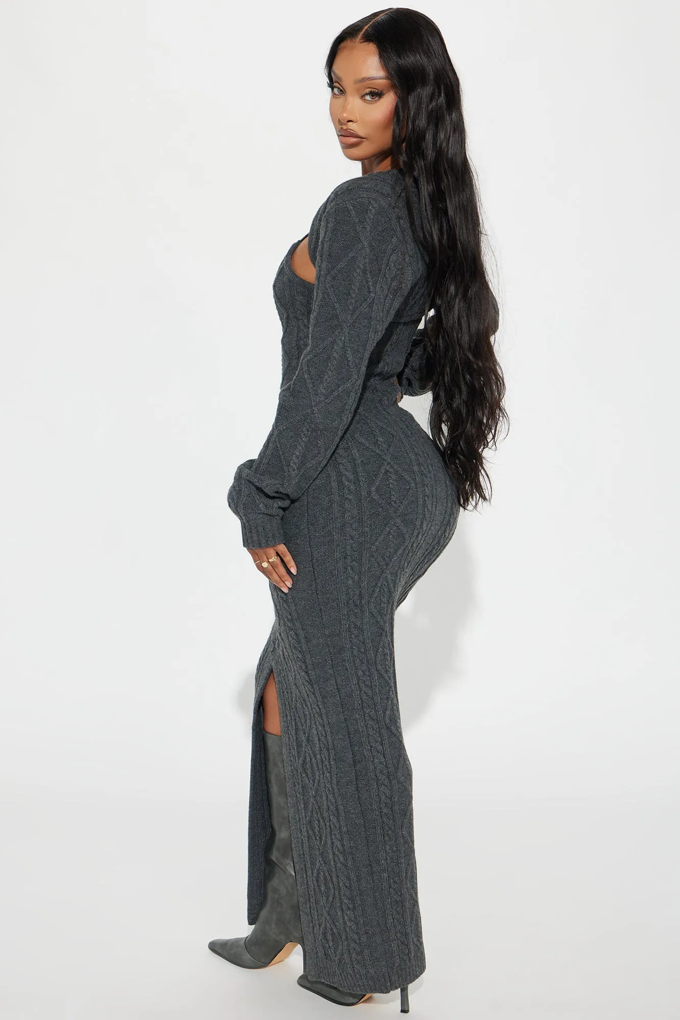 Kylie 2 Piece Cable Knit Maxi Dress Set - Charcoal sold by Fashion Nova product image thumbnail 4