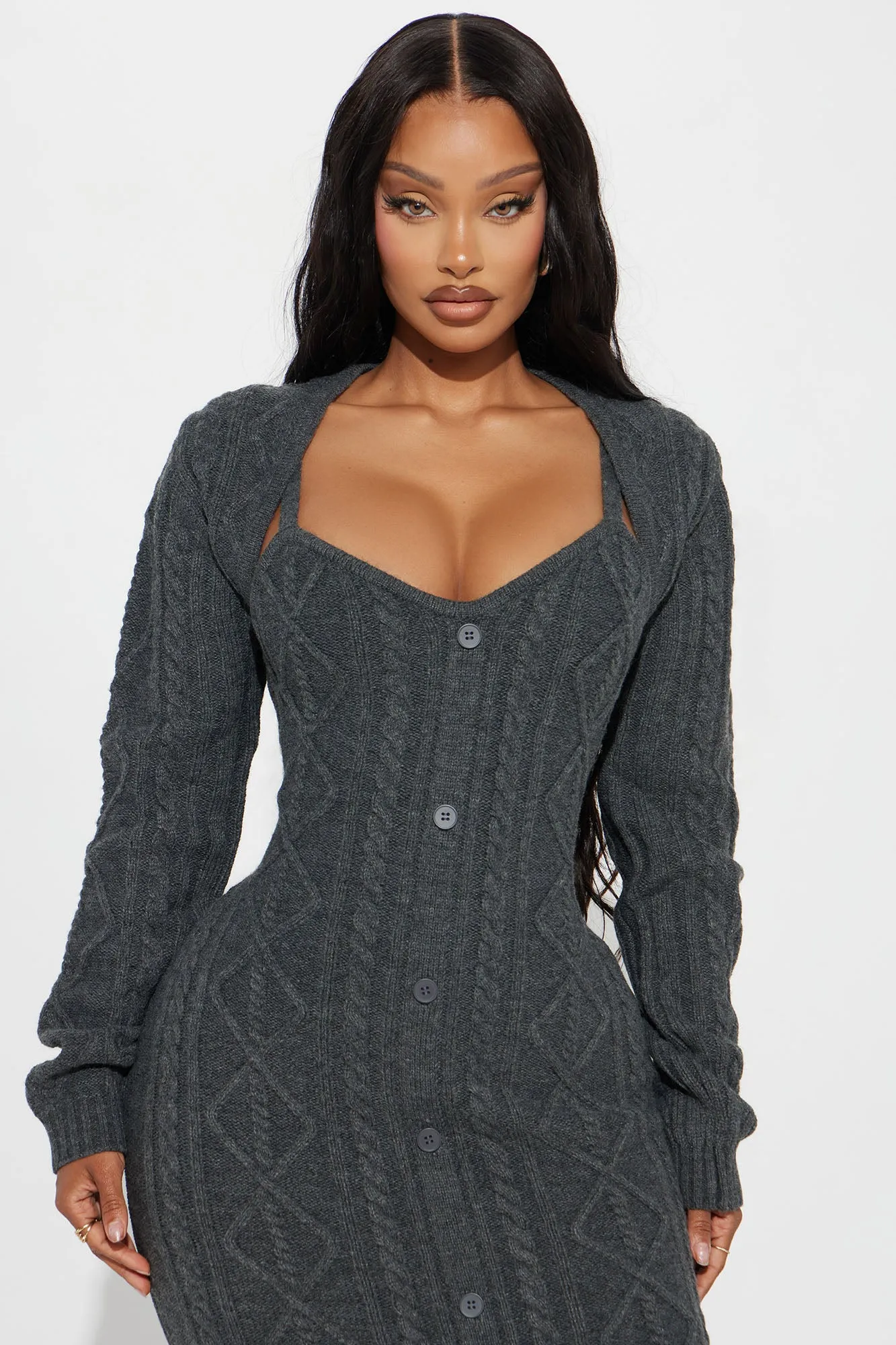 Kylie 2 Piece Cable Knit Maxi Dress Set - Charcoal sold by Fashion Nova product image thumbnail 3