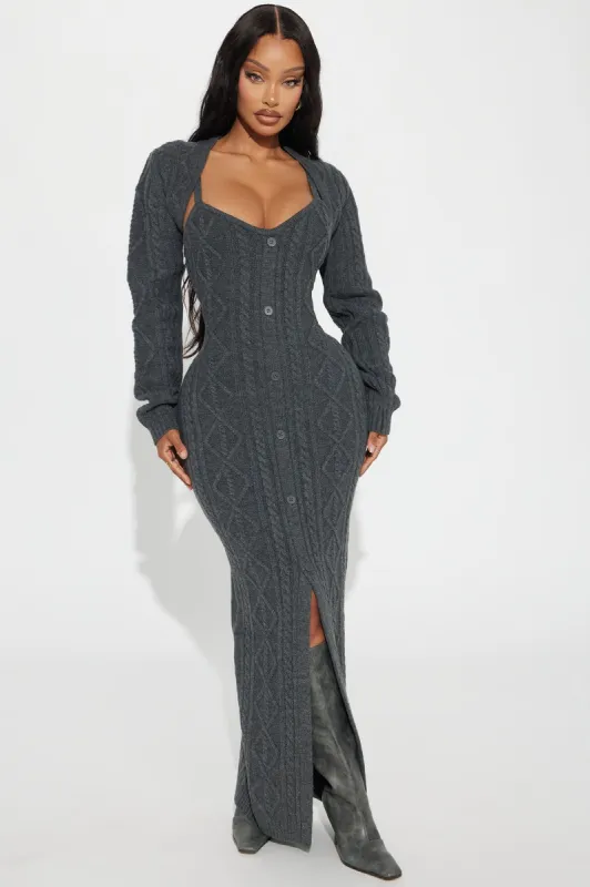 Kylie 2 Piece Cable Knit Maxi Dress Set - Charcoal sold by Fashion Nova