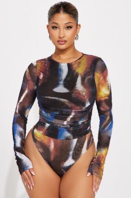 Mixed Feelings Mesh Bodysuit - Brown/combo sold by Fashion Nova