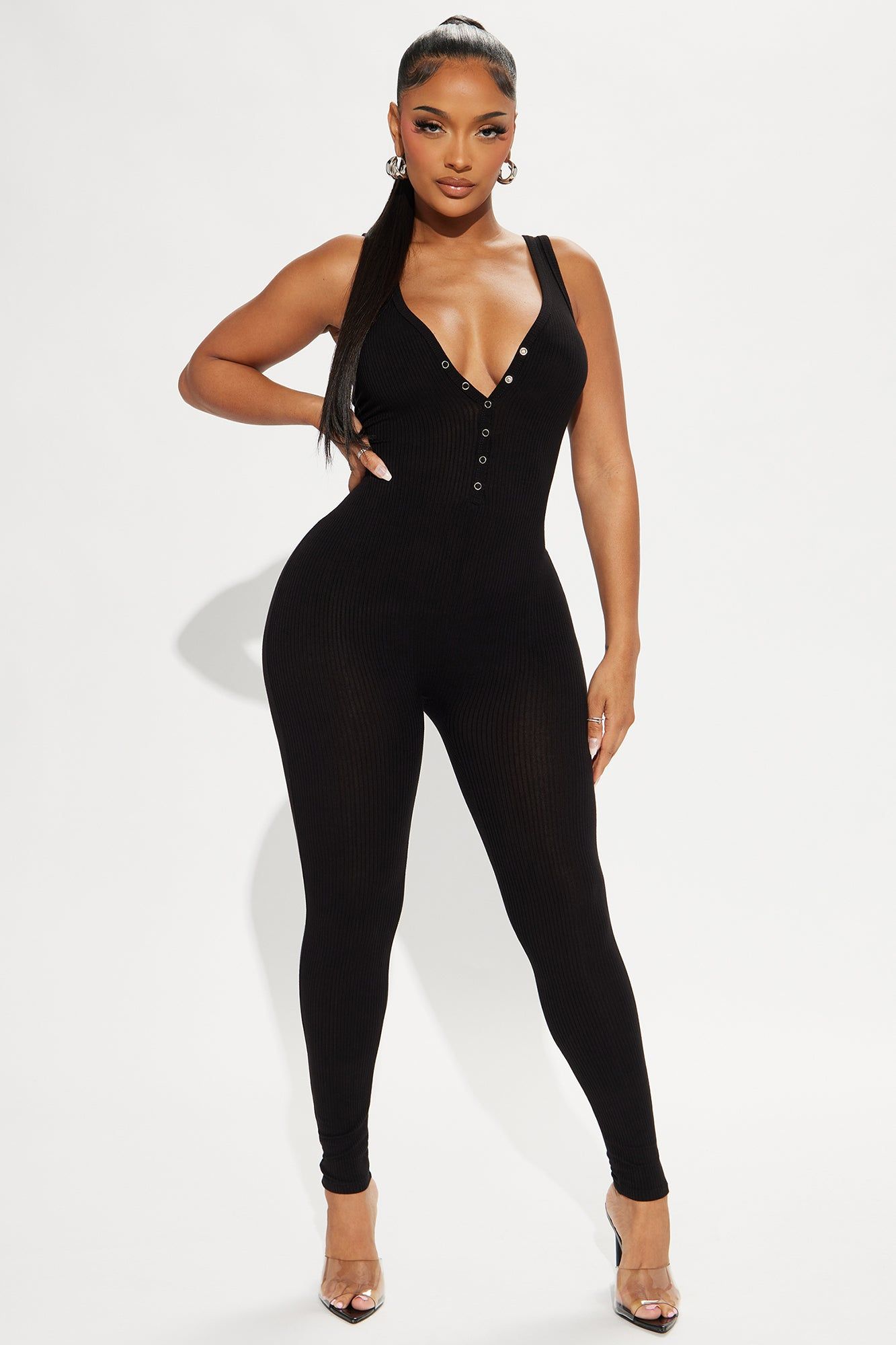 Monique Ribbed Jumpsuit - Black sold by Fashion Nova