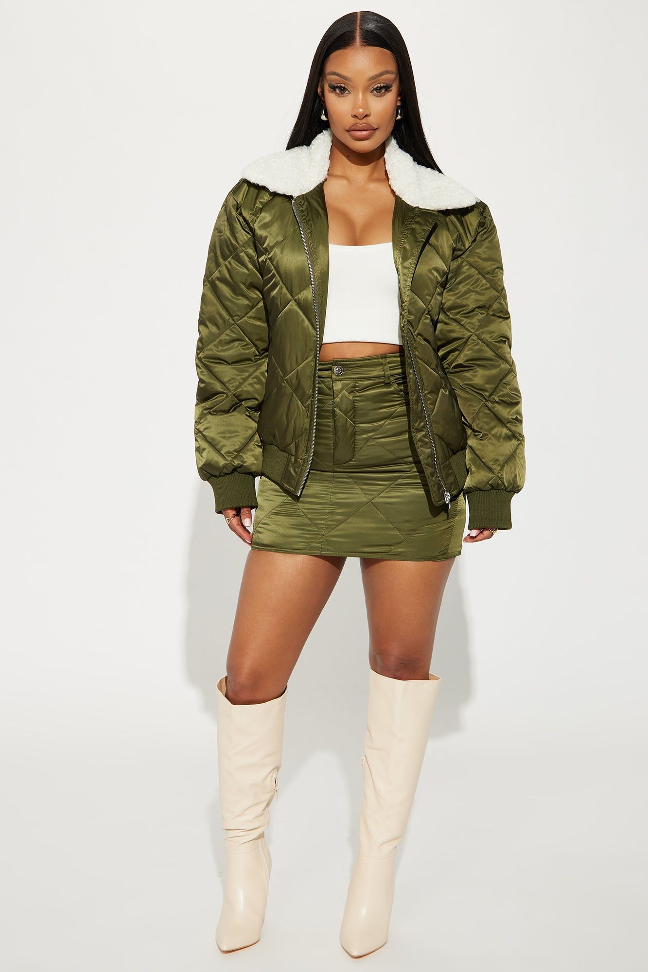 Kaylee Quilted Mini Skirt Set - Olive sold by Fashion Nova