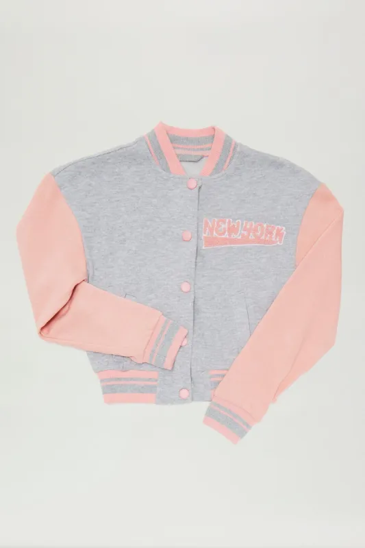 Mini New York Button Front Varsity Jacket - Heather Grey sold by Fashion Nova