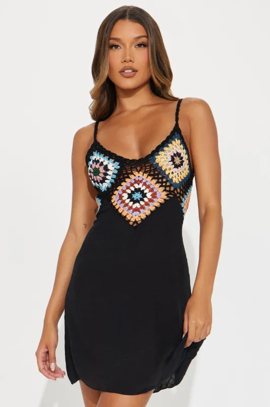 Armani Crochet Mini Dress - Black/combo sold by Fashion Nova
