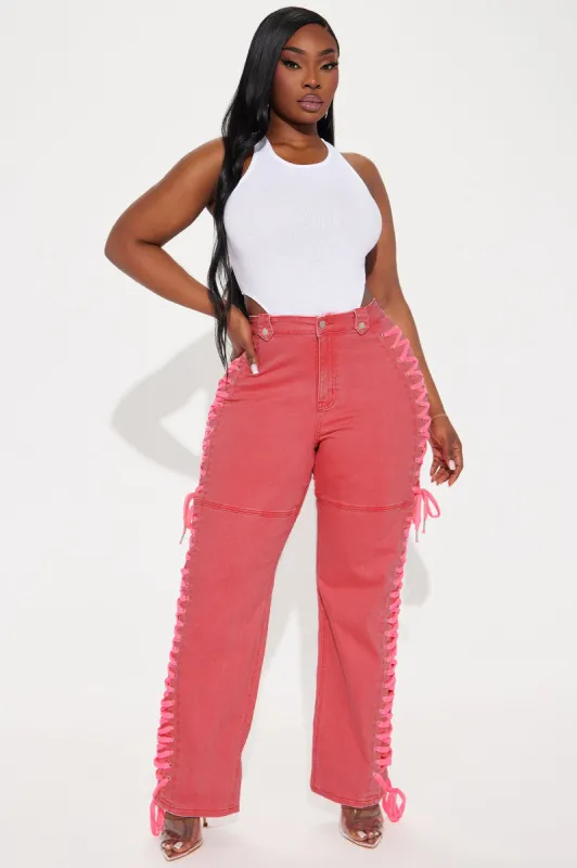 Veronika Lace Up Stretch Straight Leg Jeans - Neon Pink sold by Fashion Nova