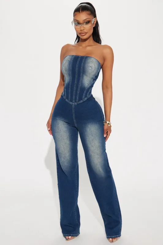 Release The Pressure Denim Jumpsuit - Dark Wash sold by Fashion Nova