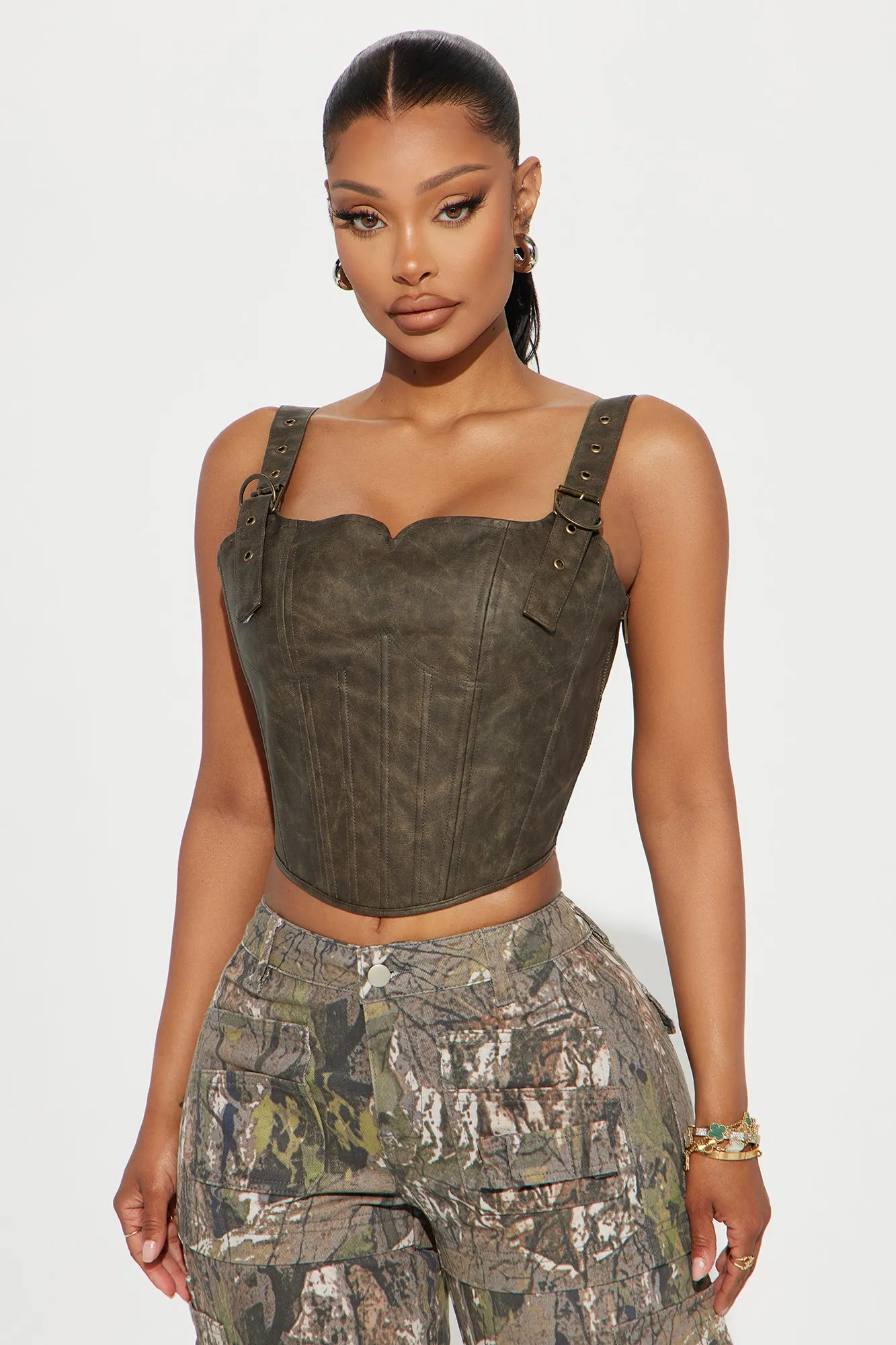 Trixie Washed Faux Leather Corset Top - Brown sold by Fashion Nova