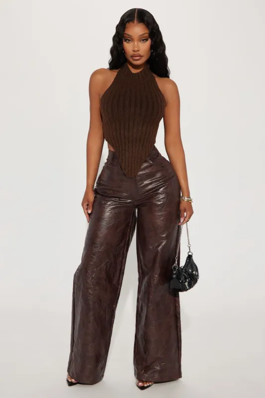 I'm Into It Faux Leather Pant - Chocolate sold by Fashion Nova