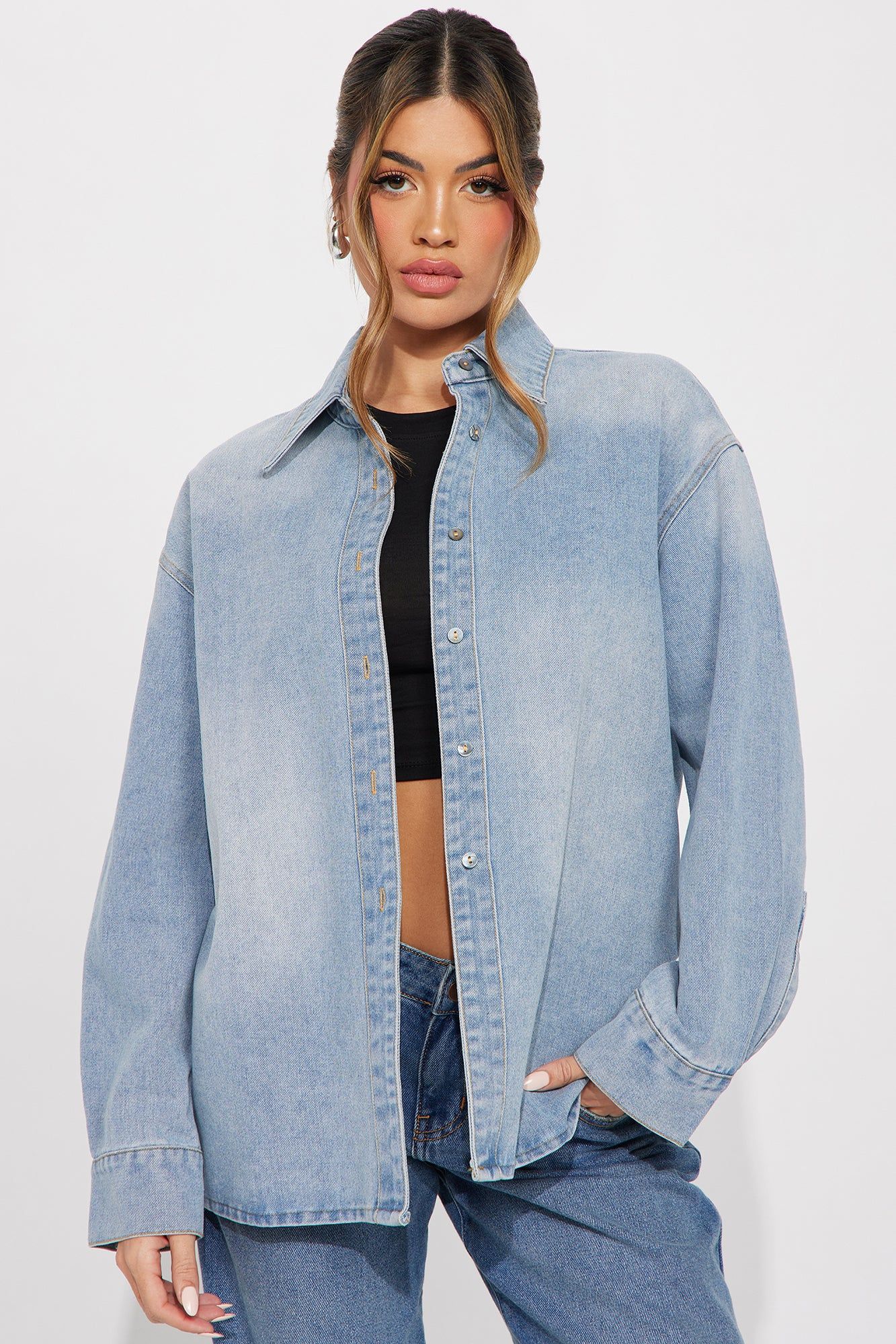 No Hard Feelings Denim Shirt - Light Wash sold by Fashion Nova