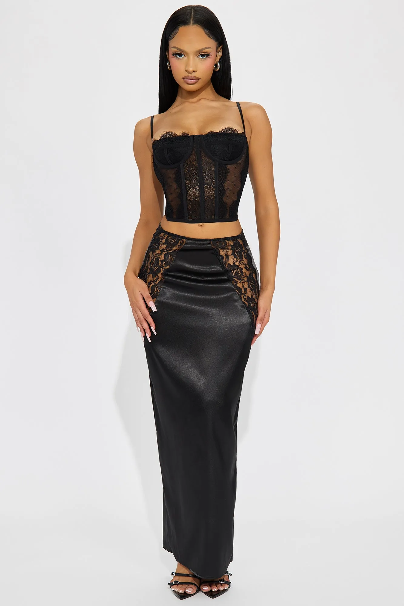 Dark Romance Satin Maxi Skirt - Black sold by Fashion Nova