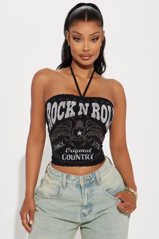 Rock N Roll On My Mind Halter Top - Black sold by Fashion Nova