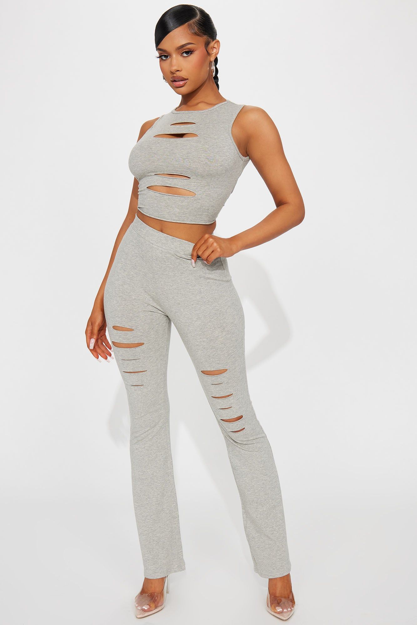 Your Direction Distressed Pant Set - Heather Grey sold by Fashion Nova