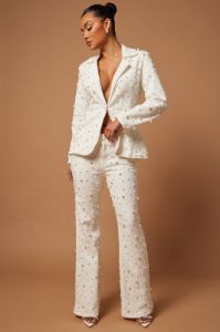 Sandrine Embellished Denim Blazer Set - White sold by Fashion Nova