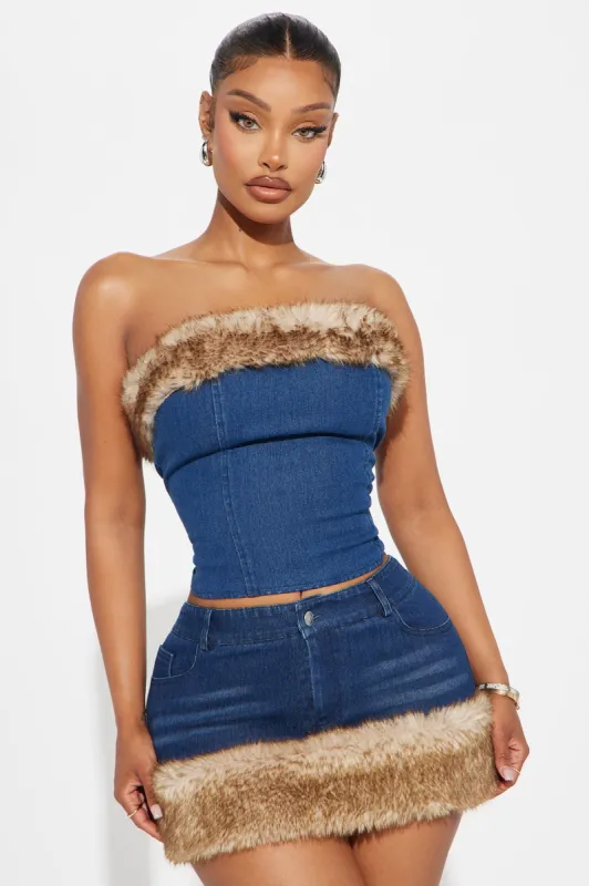 Fuzzy Feelings Denim Corset Top - Dark Wash sold by Fashion Nova