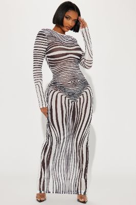 Brooke Mesh Maxi Dress - Black/White sold by Fashion Nova