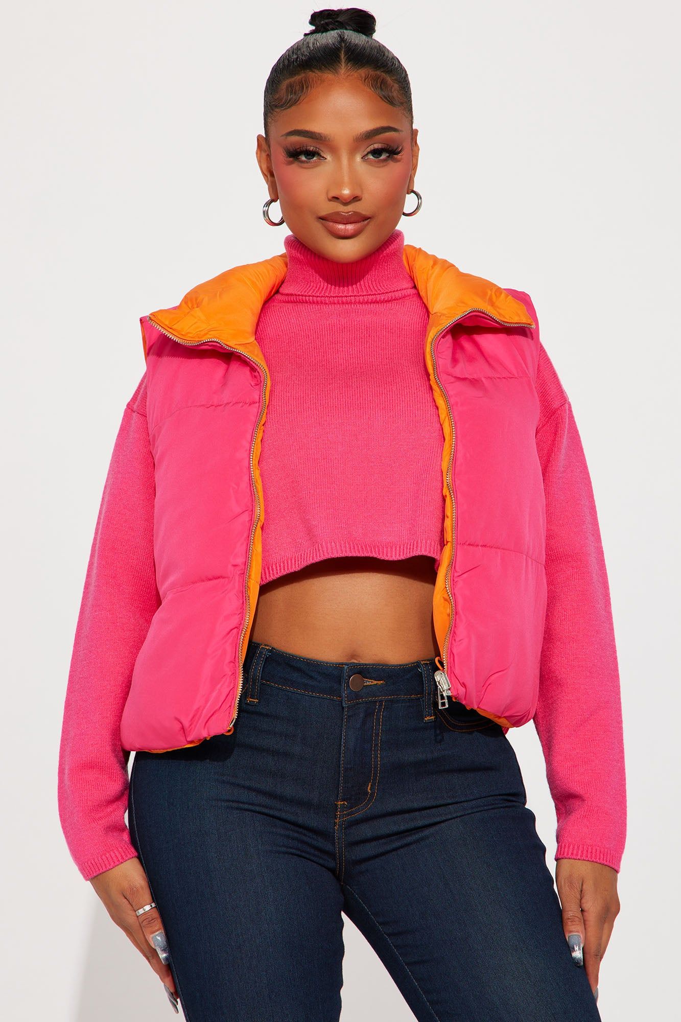 Danielle Reversible Puffer Vest - Pink/combo sold by Fashion Nova
