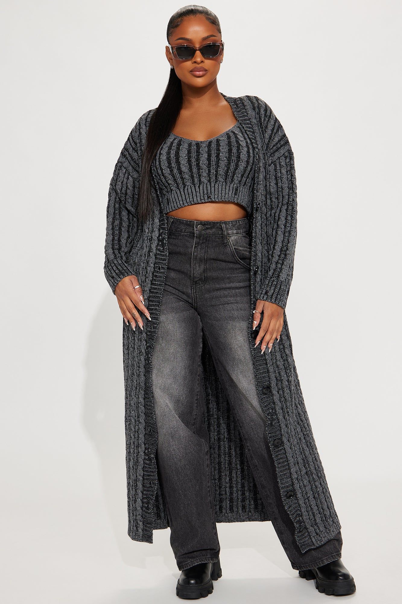 Casual And Cool Washed Cardigan Set - Black/combo sold by Fashion Nova
