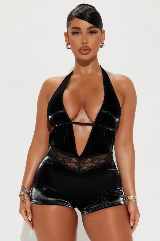 Link Up Faux Leather Romper - Black sold by Fashion Nova
