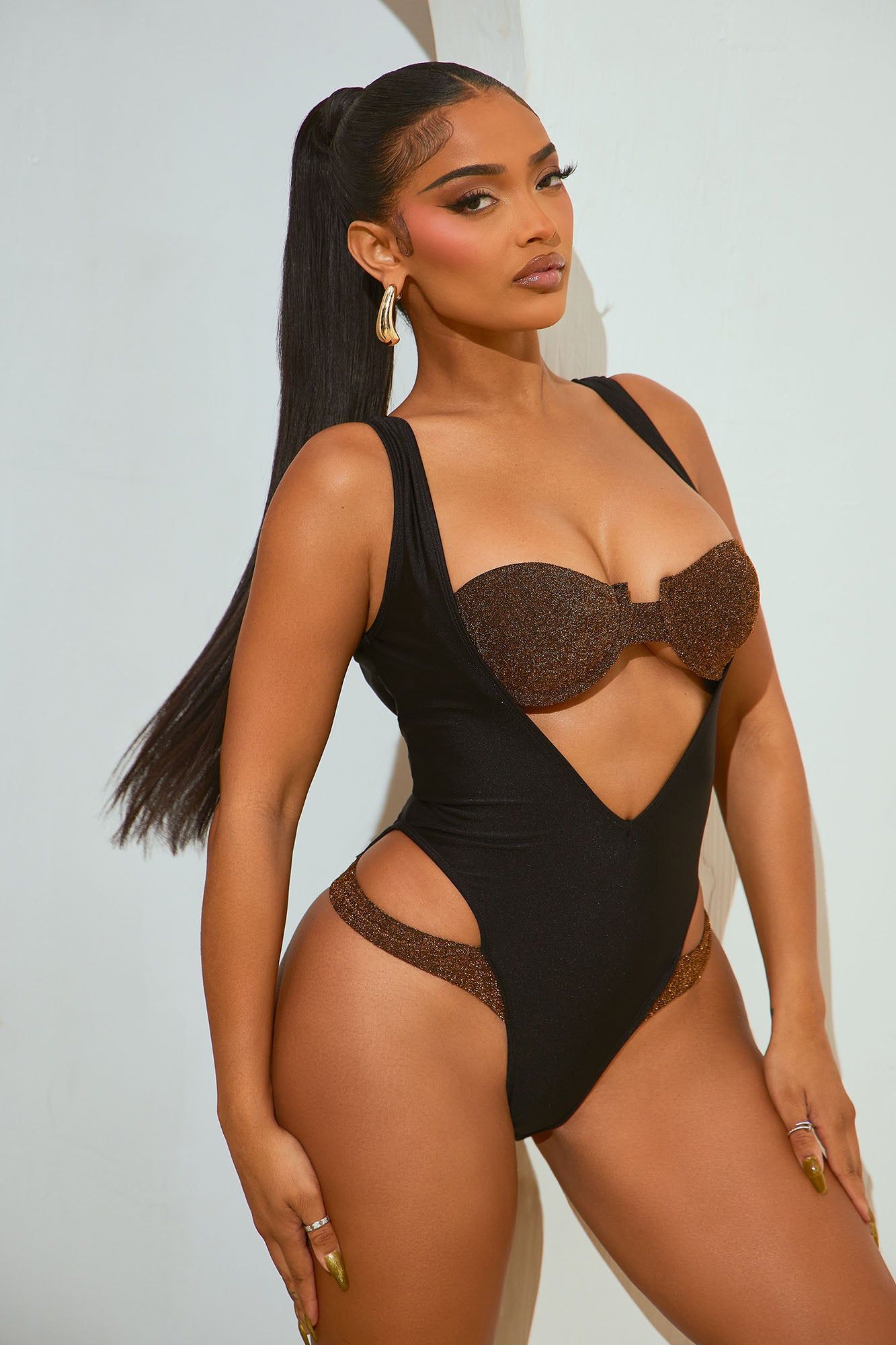 Night Dip Underwire Shimmer 1 Piece Swimsuit - Black/Brown sold by Fashion Nova