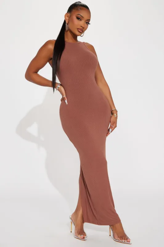 Essential Backless Ribbed Maxi Dress - Brown sold by Fashion Nova