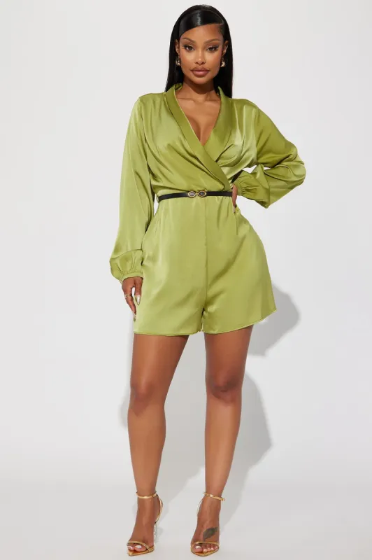 Pretty Vibes Satin Romper - Green sold by Fashion Nova