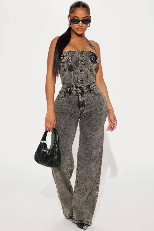 Stay Around Denim Jumpsuit - Black sold by Fashion Nova