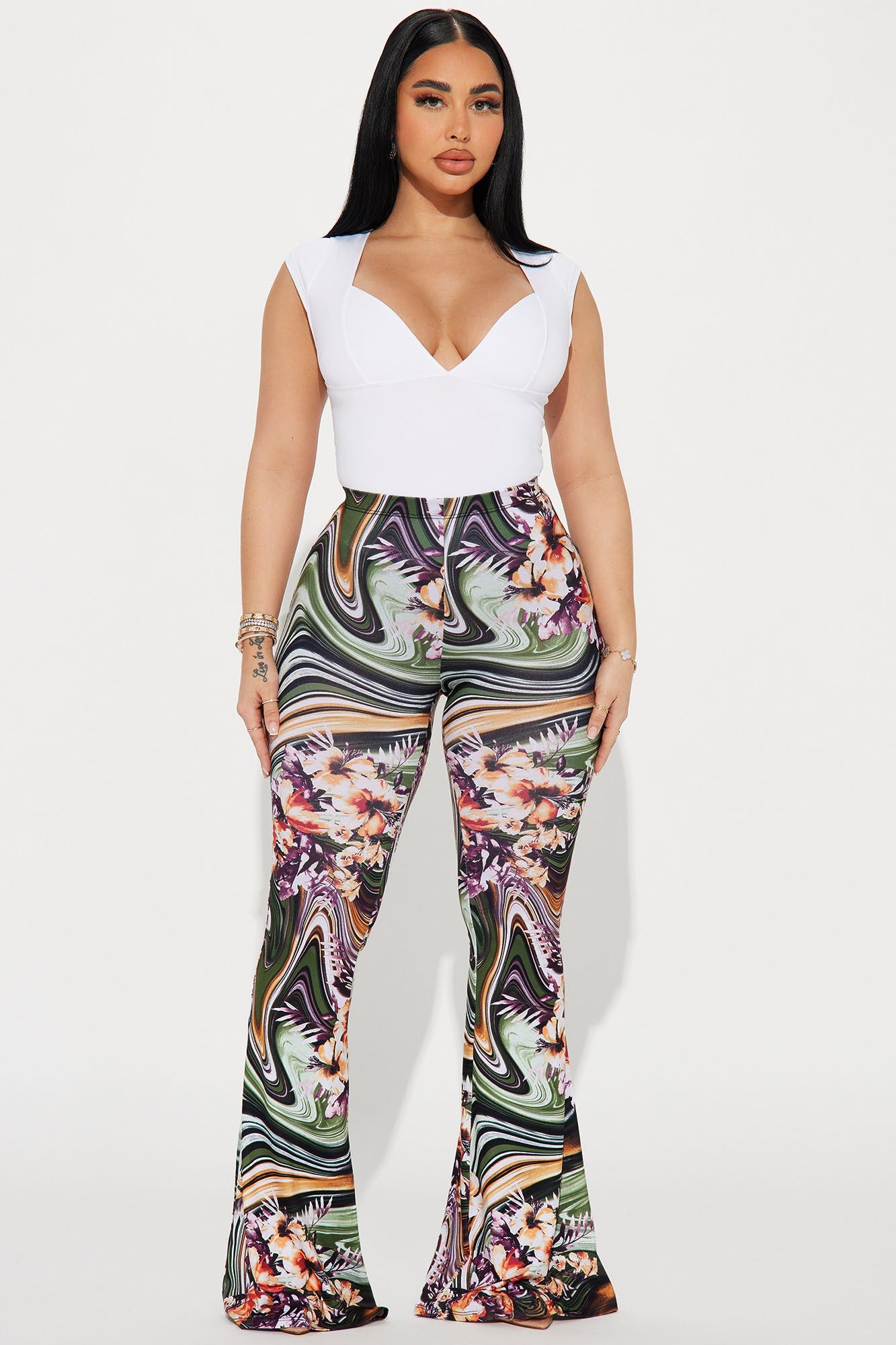 Get Swirly Flare Pant - Green/combo sold by Fashion Nova