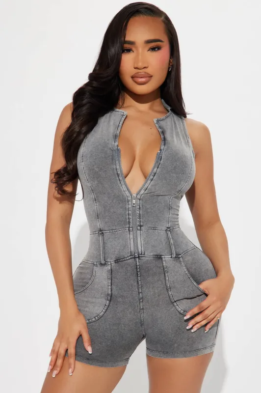 Liberty Washed Romper - Grey sold by Fashion Nova