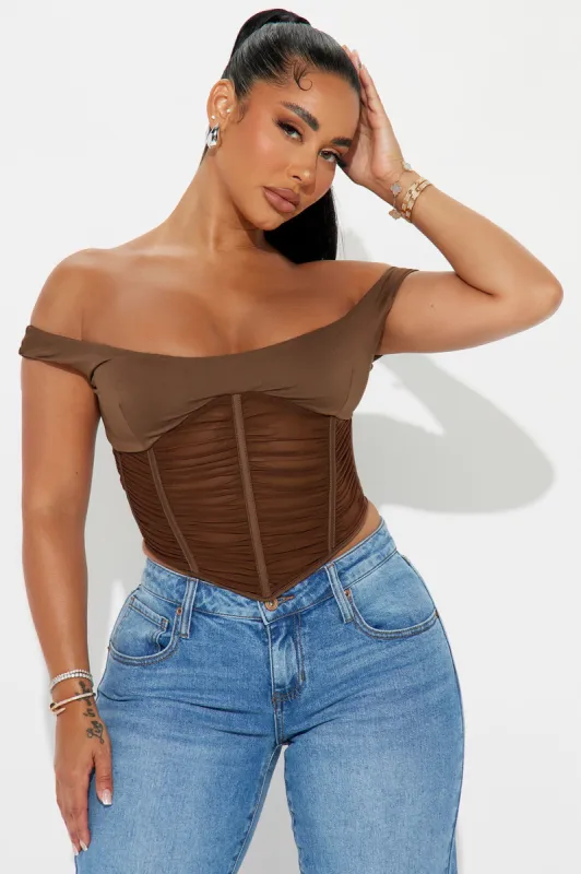 Talk The Talk Off Shoulder Corset Top - Chocolate sold by Fashion Nova