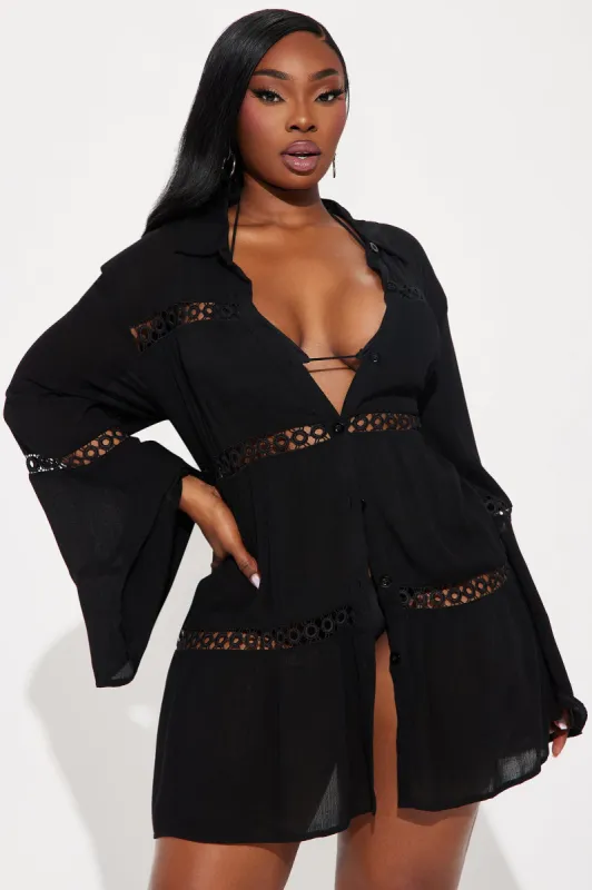 Breezy Paradise Linen Circle Cover Up Shirt Dress - Black sold by Fashion Nova
