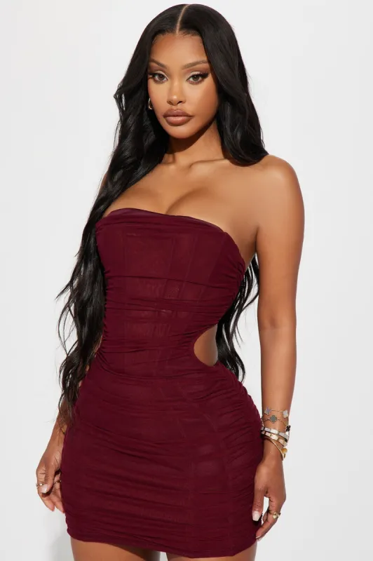 Rosie Ruched Mini Dress - Burgundy sold by Fashion Nova
