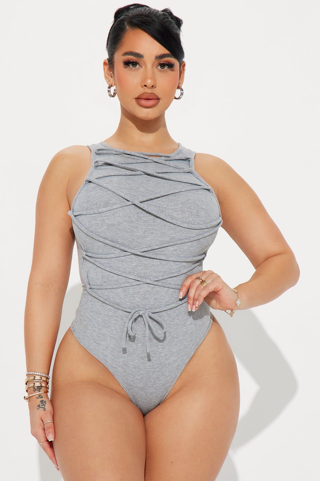 Anitta Lace Up bodysuit - Heather Grey sold by Fashion Nova