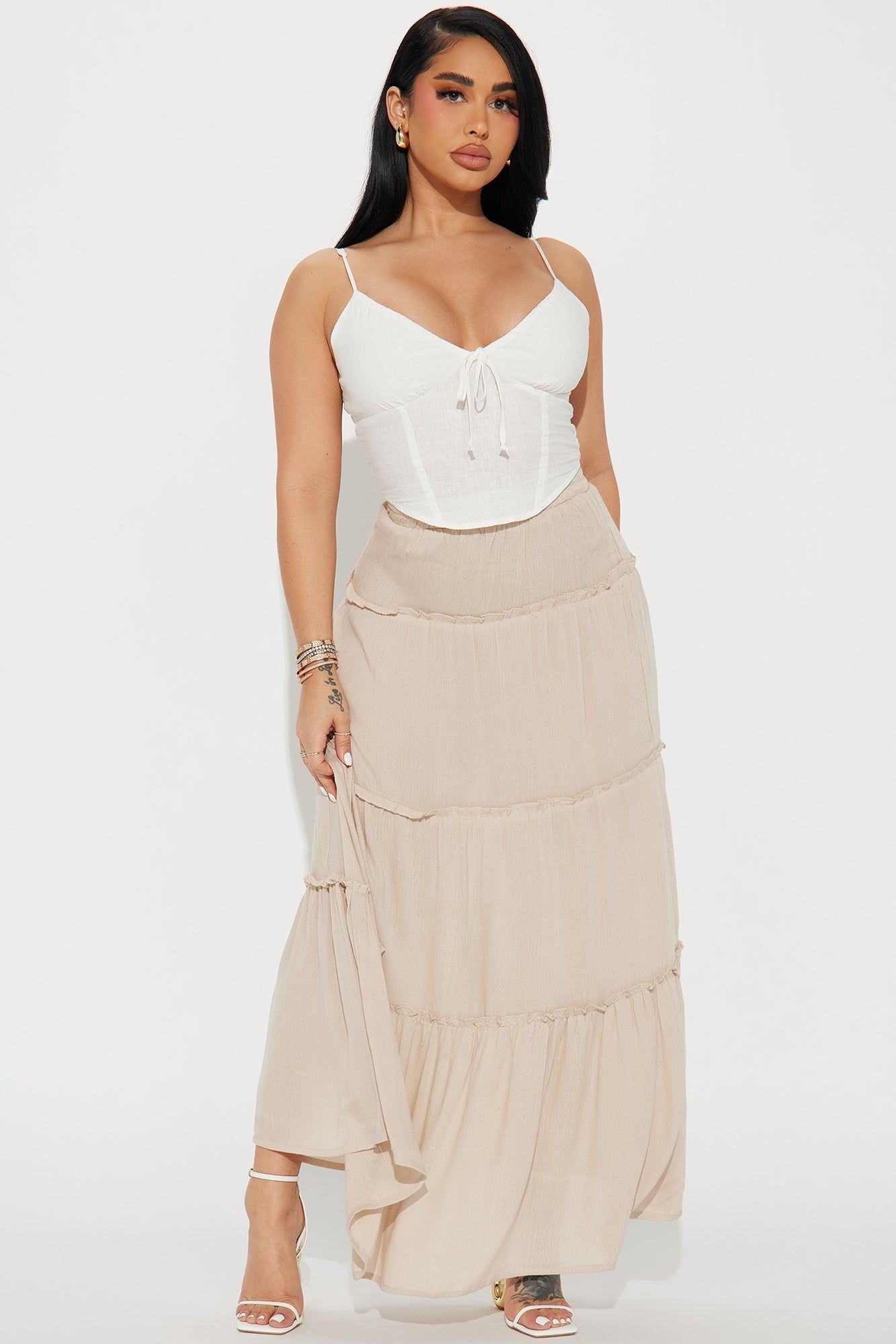 Romy Tiered Gauze Maxi Skirt - Khaki sold by Fashion Nova