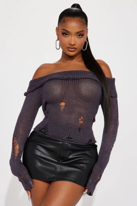 Daphne Distressed Sweater Top - Charcoal sold by Fashion Nova