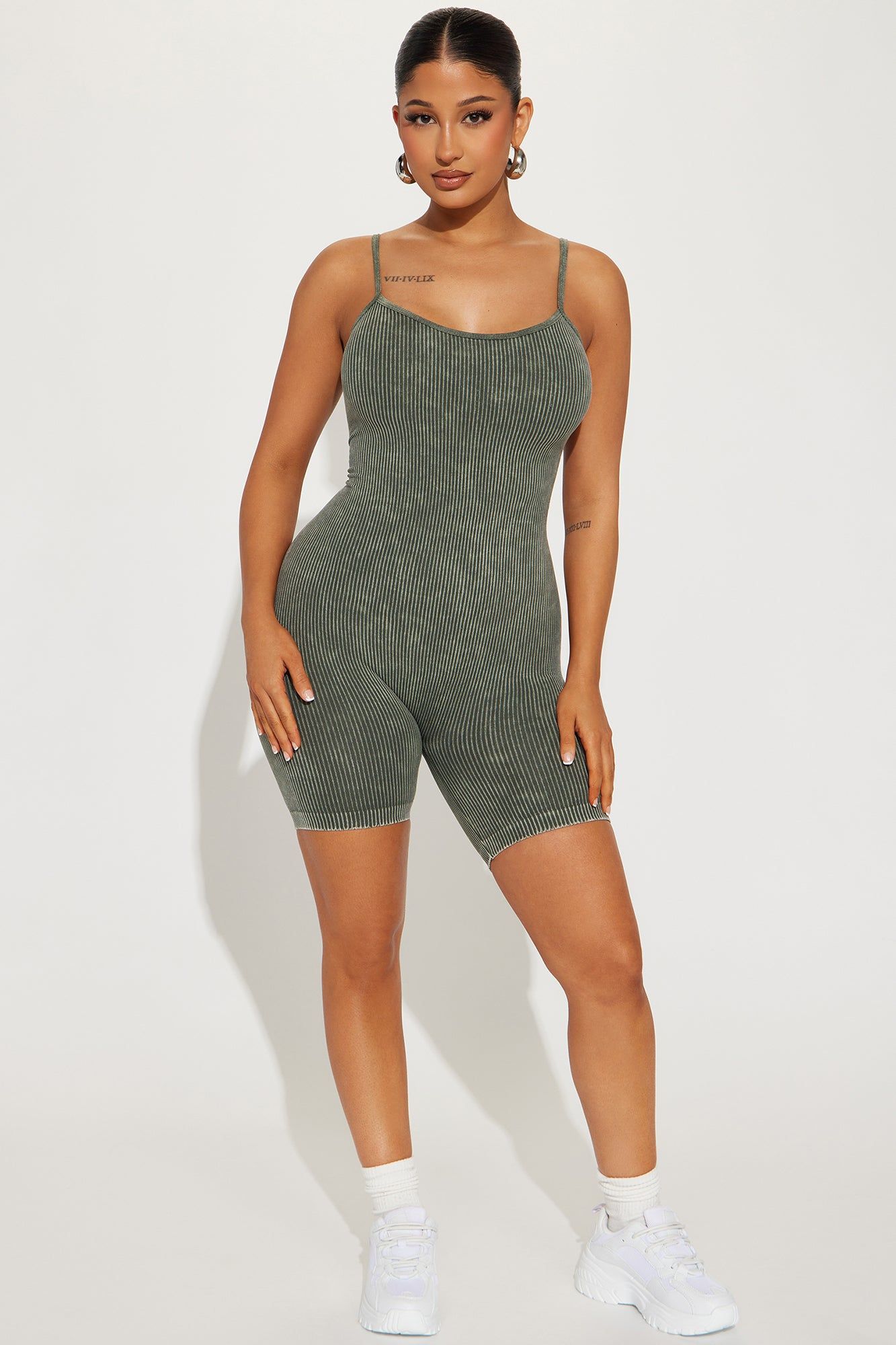 Katie Mineral Wash Seamless Romper - Olive sold by Fashion Nova