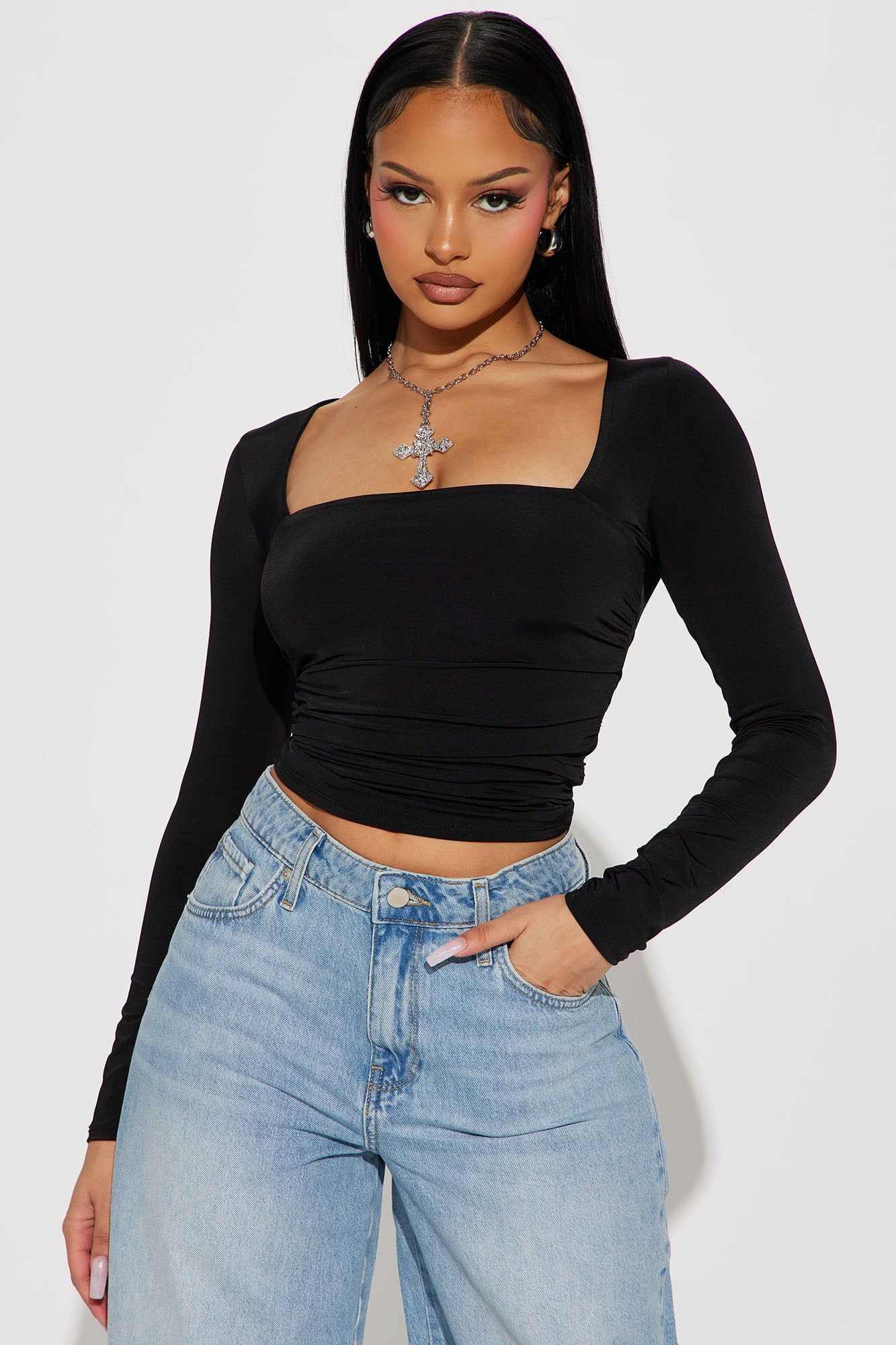 Long Story Short Ruched Top - Black sold by Fashion Nova