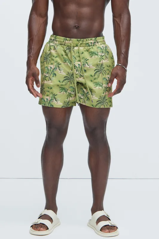 Graham Palm Swim Trunks - Green/combo sold by Fashion Nova